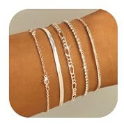 KENIY 5 Stück Silber Armband Damen Armband Silber 925 Silber Armbänder Set Figaro Herringbone Beads CZ Chain Bracelets Layered Link Charm Bracelets Armkette Modeschmuck Für Damen