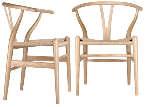 Polynices Esszimmerstühle 2er Set, Massivholzstühle, Rattanstühle, Ergonomische Sessel mit Y-Rückenlehne für Küche, Esszimmer, Wohnzimmer, Arbeitszimmer, Keine Montage erforderlich, Eschenholz