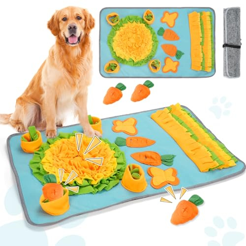 DEWEL Alfombra Olfativa Perros, Snuffle Mat con Zanahorias con Sonido, Juguete Interactivo para Perros Grandes Medianos y Pequeños 78.5x48cm, Manta de Actividades Mascota Plegable y Lavable (Azul)