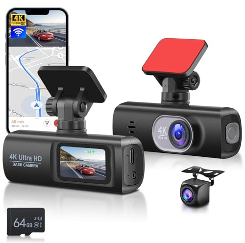 Hodozzy Dashcam Bil Fram Och Bakre 4k Dash Cam Med Wifi, Dubbel Bilkamera Med App-Kontroll, Super Night Vision, Loop Inspelning, G Sensor, Parkering Monitor, Inomhus Med 64GB SD-Kort Körinspelare