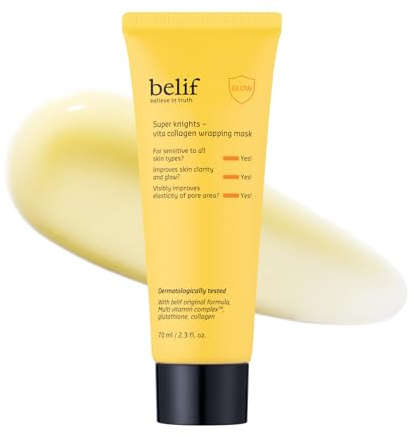 belif Super Knights - Vitamin Collagen Wrapping Peel Off Facial Mask, Elasticity + Hydration, Pore Firmenss & Even Skin Tone, with Multi Vitamin Complex and Glutathione | Korean Skincare, 2.3 fl. oz