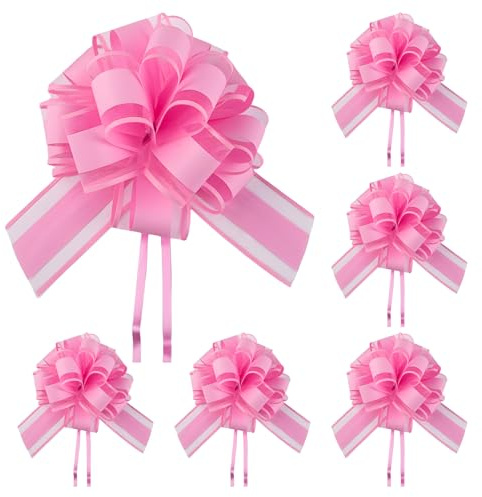 NECXON 6 Lazos de Cinta Rosa de 7 Pulgadas | Lazos para Tirar | Lazo de Regalo Grande | Lazos Rosas para Envolver Regalos, Canastas, Bodas, San Valentín, Cumpleaños, Regalos, Flores Navideñas (Rosas)