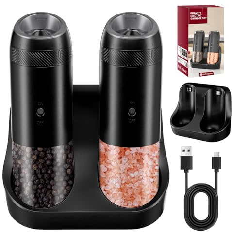 Salz und Pfeffermühlen Elektrisch 2er Set, [176ml große Kapazität] Homtronic Elektrische Pfeffermühle, Gewürzmühlenset Elektrische, USB Aufladung, Einstellbarem Keramikmahlwerk, Automatisches Mahlen