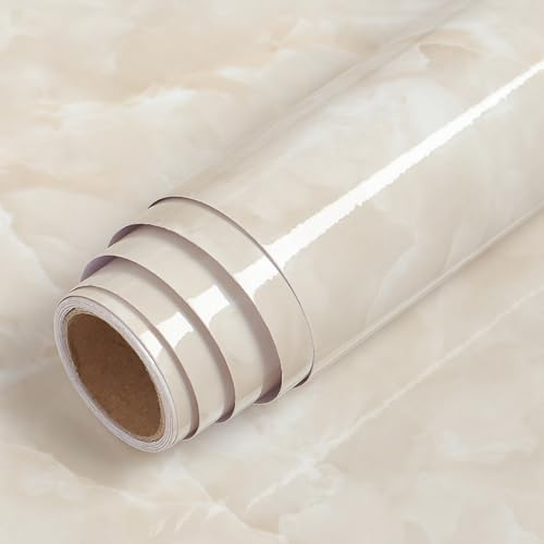 LaCheery Möbelklistermärke papper marmor beläggning topp kök klistermärke film för möbler kök grädde vinyl rulle glänsande vattentät klistermärke för skåp beige grädde 90 l x 400 l cm