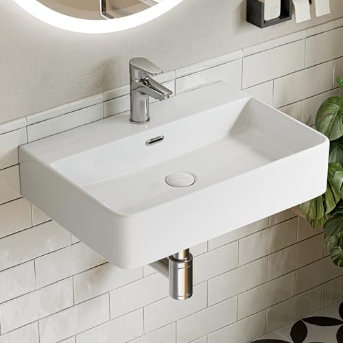 HOROW Lavabo da Appoggio 60 cm Lavandino Bagno Rettangolare Sospeso Moderno, Lavabo Bagno in ceramica con Un Foro per Rubinetto e Troppopieno