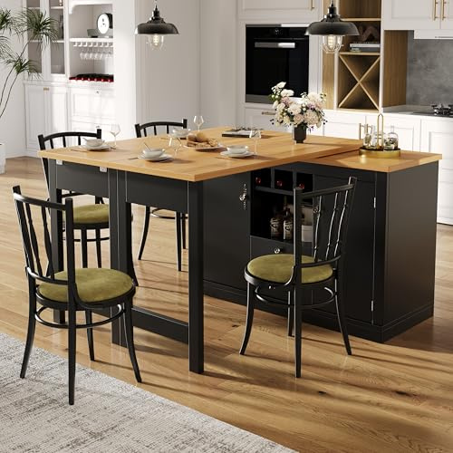 Merax 360° swivelling Dining Bar table Kitchen island, with Black storage cabinet with Wine Racks, 2 Drawers, 2 Doors and Folding extending table-40-80X120CM, for Kitchen, Dining Room