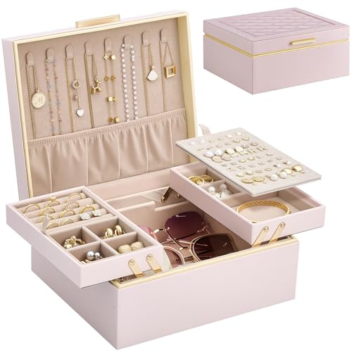 Lolalet Scatola Portagioie e Porta Gioielli Grande per Donna, Organizer 2 Livelli per Collane, Orecchini, Anelli e Braccialetti, Rosa