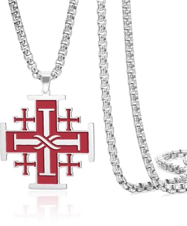 VASSAGO Collar de cruz de Jerusalén de acero inoxidable con colgante de cruz de cruzado, declaración religiosa, amuleto de oración, bautismo medieval, regalo para hombres y mujeres, talla única, Acero