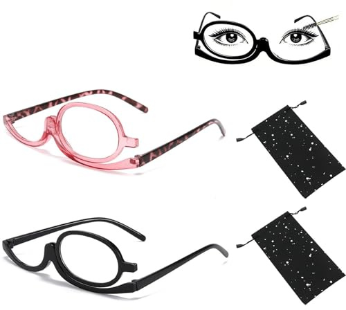 2 Pcs Makeup Reading Glasses (+2.50, +3.50) with 2 Storage bag, With 180° Rotatable Flip-Down Magnifying Single Lens for Women Makeup Essential for Women Girls Magnifying Cosmetic Readers (Black,Pink)