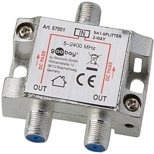 goobay Sat Verteiler 2-Fach, 100dB Splitter 1 auf 2, als Weiche für Satellitenanlagen, 5-2400 MHz, DC-Durchgang, Silber - 67001