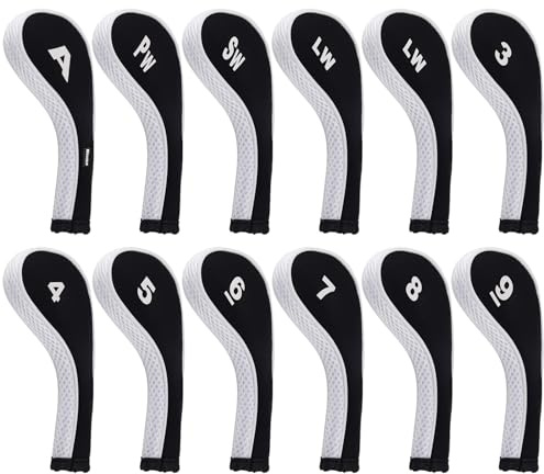 Andux 12pcs/Set Golf Iron Club Head Covers Number Print Long Neck with Zipper RH Black/White