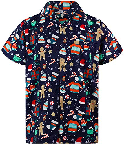 King Kameha Funky-Camisa-Hawaiana, Navidad, Manga-Corta, Ginger-Bread, Azul, 3XL