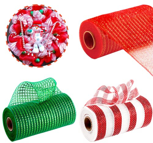 3 Rollos Cinta de Malla Navidad 25cm X 9m Cecorativa Deco Poly Mesh Ribbon,Rojas/Blancas/Verdes/Blancas Rayas Juego de Malla Decorativa,Lámina Metálic