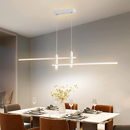 Moderna Lampada a Sospensione LED Lampadario Dimmerabile Tavolo da Pranzo Cucina Salotto con Telecomando Plafoniera Altezza Regolabile Sala da Pranzo Camera da Letto Ufficio Soggiorno (Bianco, L90cm)