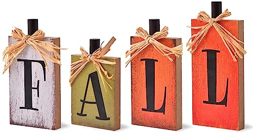 Ovootok Fall Decorations for Home, 4 Pcs Rustic Farmhouse Home Decor Signs, FALL Centerpieces for Tables, Autumn Decor Sign Block Set for Thanksgiving Party Harvest Kitchen Tiered Tray Mantel (4