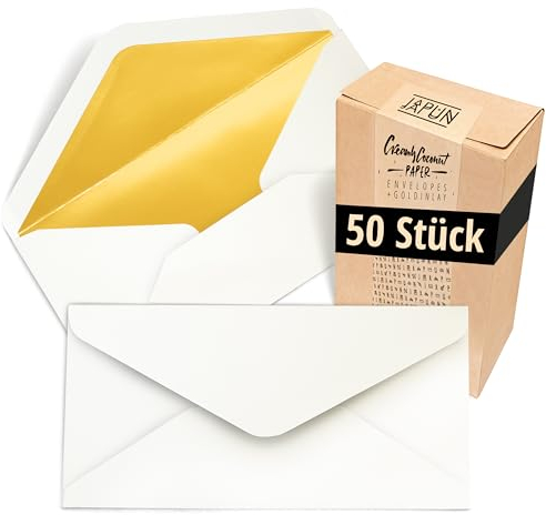 Japun – Briefumschläge (50 Stück), Kuvert, Umschlag ohne Fenster - DIN lang - 220 x 110 mm - innen: Gold - Papier-Farbe: weiß