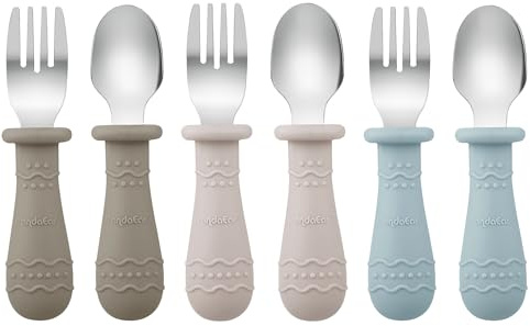 PandaEar Ensemble de Couverts pour Bébé, Lot de 6 Cuillères et Fourchettes pour Enfants, Acier Inoxydable 18/8 et Silicone de Qualité Alimentaire, Ensemble de Couverts pour Enfants (Marron/Noyer/Bleu)