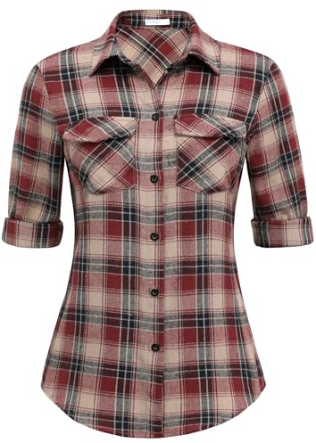 UNibelle - Camisa a cuadros de manga larga para mujer, camisa de cuadros con mangas ajustables, casual, ocio, verano