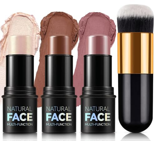 Contour Highlighter Makeup Stick Kit - 3Pcs Cream Contour Bronzer Sick Blush Sticks with Brush Waterproof Long Lasting Smooth Beauty Wand for All Skin Type (Set C, 6g)