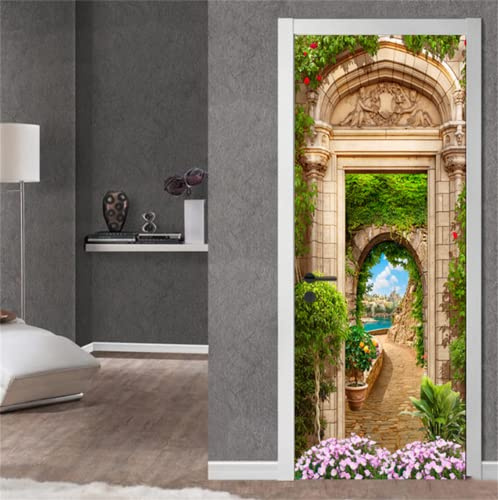 FLFK 3D Door Stickers Peel and Stick 85x215cm,Self-Adhesive Door Murals Wallpaper Poster Beautiful View Through Arch Decals for Home Decor(2Pcs/Set)
