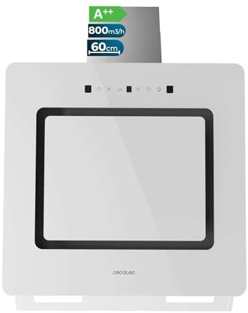 Cecotec Hotte Aspirante Inclinée Décorative 60cm Bolero Flux Dt 608002 Glass White A++. Finition Verre Blanc, Cheminée Inox, Aspiration 800M3/H, Moteur 210W, 3 Puissances, Filtre Charbon