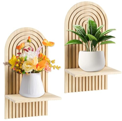 Set mit 2 Wandregalen, Schwebende Regal für die Wand Deko, Hängeregale zur Wandaufbewahrung, Boho Bücherregal Wand, Wandregal Natur Holz Hängeregal für Schlafzimmer, Wohnzimmer