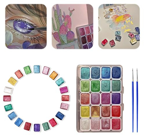 nnOuOnn Shifting Metallic Watercolour Paints Set, 20 Color Mini Travel Glitter Gouache Water Colour Painting, Colouring Brushes Cards Art Forestey Pearlescent Solid Kids Adults Beginners Artists