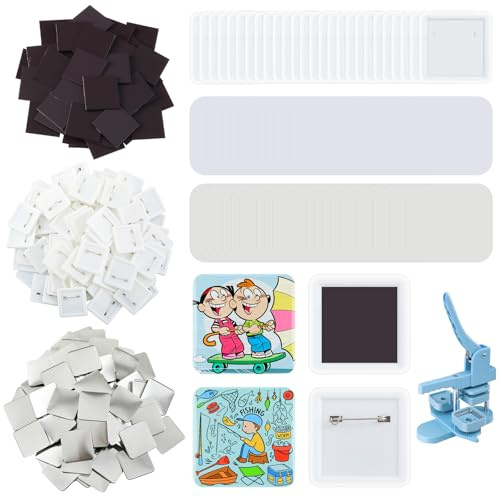 Wavwavw 100 Sets 50mm/1.97 Inch Square Button Maker Supplies, 50 Pcs Blank Fridge Magnet Badge Parts and 50 Pcs Pin-Back Badge Parts Press for Square Button Maker Machine, DIY Gift Crafts