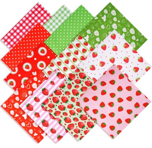 Bomullstyg tryckta lappverk tyger för sömnad quiltning hantverk (jordgubb, 12 st 45 x 55 cm)