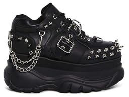 Dolls Kill Midnight Pit Platform Sneakers by Widow – Black Vegan Leather Shoes with Spikes, Chains, and Chunky Sole – Black, 10