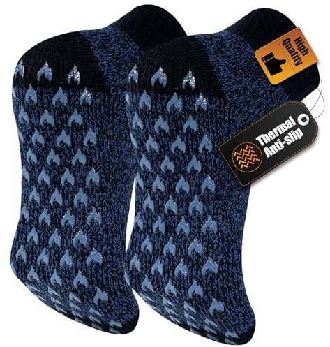 SukModen Mens Thermal Slipper Socks with Anti Slip Grips 1 Pair – Thick Fluffy Non Slip House Socks, Warm Knitted Bed Socks for Men Winter & Christmas, Sizes 6-11 11-15 Black Grey Blue