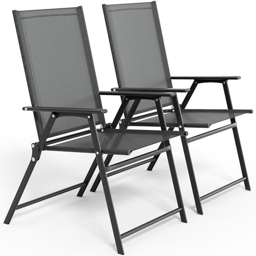 LIFERUN Lot de 2 Chaises de Jardin Pliantes, Chaises de Camping Extérieure | avec Dossier et Accoudoirs, Structure en Métal Robuste, Chaise Pliante Légère pour Balcon, Terrasse, Noir