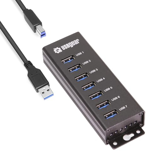 USBGear 7-Port USB Hub 3.2 Gen 1 – Mountable SuperSpeed Data Hub with USB Ports for Laptop, PC, Desktop, and More, 5V/4A Power Adapter with Type-A to Type-B Cable (3ft), Computer Accessories