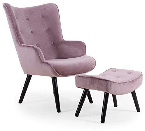 Menzzo Fauteuil Scandinave Rose avec Pouf Repose Pied Salon | Revêtement Velours | Pieds en Bois | Assise Moelleuse et Confortable | Modèle Lylou | L64 x P48 x H100 cm | Hauteur Assise 42 cm