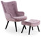 Menzzo Fauteuil Scandinave Rose avec Pouf Repose Pied Salon | Revêtement Velours | Pieds en Bois | Assise Moelleuse et Confortable | Modèle Lylou | L64 x P48 x H100 cm | Hauteur Assise 42 cm