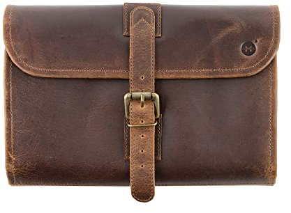 Moonster Kulturtasche Damen & Herren - Kosmetiktasche aus Echtem Büffelleder - Faltbarer Kulturbeutel Herren zum aufhängen - Tabaktasche mit Mehreren Taschen, Messinghaken & YKK-Reißverschlüsse