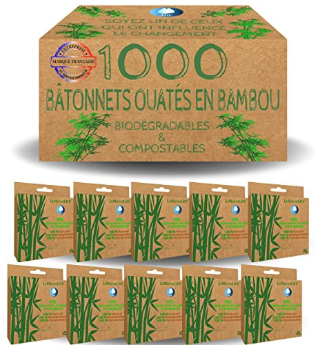 JaMoonLBV JmL® Cotons-Tiges Bambou - Boîte Éco Coton Tige - Bâtonnet Cure Oreille - Durable & Compostable - Lot de 1000 - Emballage Écologique, Recyclable, Biodégradable, 0 Déchet - Résistant à L'eau