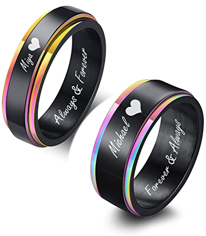 FLHEART Personalisierte Paar Ringe - Custom Gravur Edelstahl Regenbogen Belvedere Spinner Design Fidget Hochzeit Band Versprechen Verlobungsring für erren Damen seine und ihre Paar Ring Satz