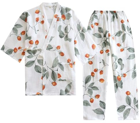 OWLONLINE Pijama de crepé Puro de algodón Suave Pijama de Kimono japonés para Mujer
