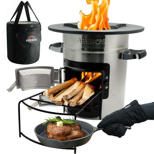 Arebos Raketspis inkl. gjutjärnsgrillpanna med bärväska och handskar | Dutch Oven BBQ | bärbar campingkamin vedspis | utomhuskök | raketspis | campinggrill silver