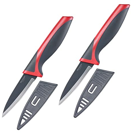 Westmark 2 Couteaux à éplucher/légumes, Longueur de Lame : 8 cm, chacun avec protège-Lame, Acier Inoxydable/Plastique, Anthracite/Rouge, 145222E3