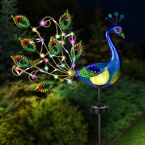 IWTBNOA Lampe Solaire de Jardin, Statue Paon Lumière Solaire Exterieur en Métal Imperméable, Decoration Jardin Exterieur, Lampe Solaire LED pour Chemins, Patio, Pelouse, Maison, Fête
