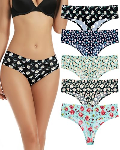 VOENXE Damstringtrosor Hög Midja,Underbyxor Kvinnor Mjuk Damunderkläder,Dam Strängar Multipack Stretch,Stretch Andningsbara Trosor Damer,Ventilerande Sexiga Underkläder,5-Styckes Set