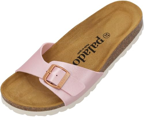 Palado Pantoletten Damen Malta Metallic – gefertigt in Spanien – weiche Veloursleder-Decksohle – robuste EVA-Sohle – edles Metallic-Design Rosa UK8 - EU41