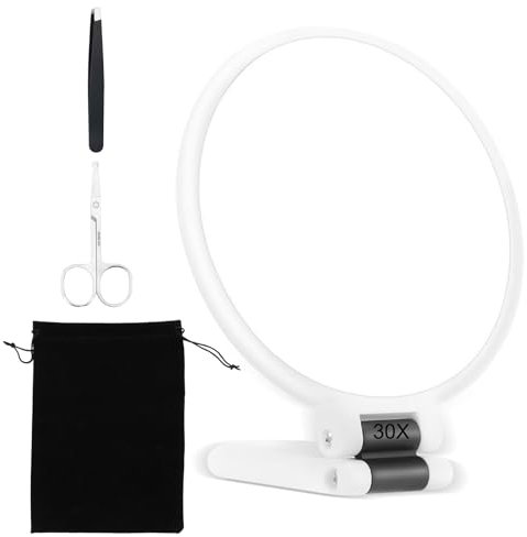 Specchio Ingranditore 30x 1X, Specchio a Mano con Manico Pieghevole, Specchio Piccolo Rotondo Portatile con Forbici e Pinzette, Specchio Trucco Ingranditore a Doppia Faccia, Per Trucco di Precisione