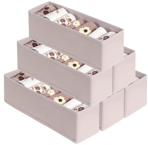 MURRI&MURRDI Mini Foldable Clothes Drawer Divider 6 Pack, Fabric Underwear Drawer Organizer, Small Wardrobe Sock Box, Plastic Closet Storage Bin for Belt Tie Bra Scarves Pants, Light Gray
