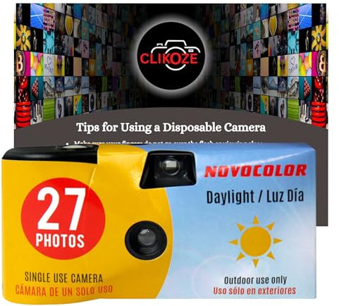 Appareil photo jetable avec appareil photo Novocolor Daylight à usage unique 27 poses et carte de conseils pour photographie Clikoze (1 unité)