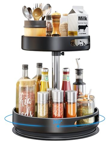 Lazy Susan roterande platta organisatör rostfritt stål multifunktionell vridbar bricka & roterande kök kryddhylla roterande organisatör, kryddhållare vridbar köksförvaring, svart, 30 cm + 25 cm