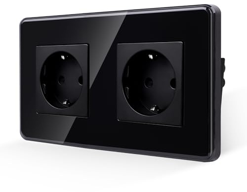 JIMEIDA Doppelsteckdose Schwarz,2.5D Curved Glas Platte 16Amp Schuko Steckdosen Unterputz Schutzkontakt Wandsteckdose 157 * 86mm,250V