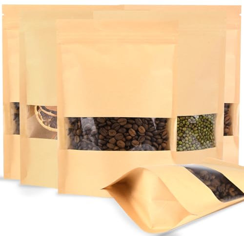 SWIHELP Kraftpapier Tüten mit Sichtfenster 200 Stück, Verpackungstüten 20x30 cm,Papiertaschen für Nüsse, Süßigkeiten, Kaffeebohnen, Teeblätter